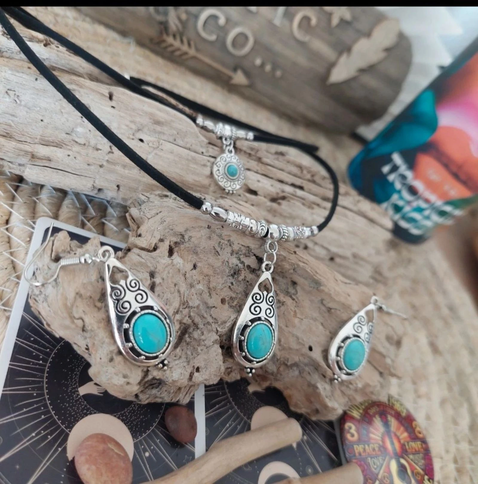 Parure bohème double rangs, larme maya spirale turquoise – photo 3